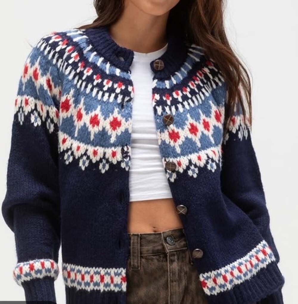 BDG Urban Outfitters Fair Isle Knit Cardigan Sweater Blue Pattern Button Up Sz M